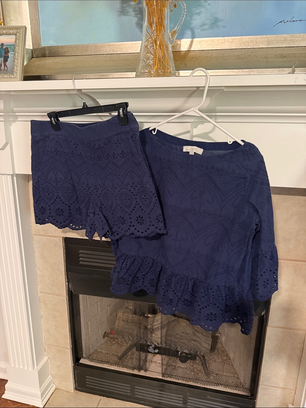 LOFT Navy Eyelet Ruffle Tunic Top and shorts